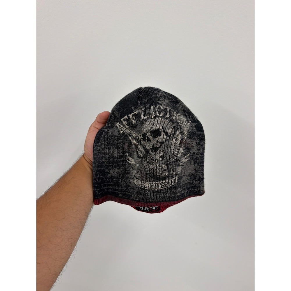 Affliction Reversible Beanie Skull Graphic Grey Burgundy Mens Y2K Buckle
